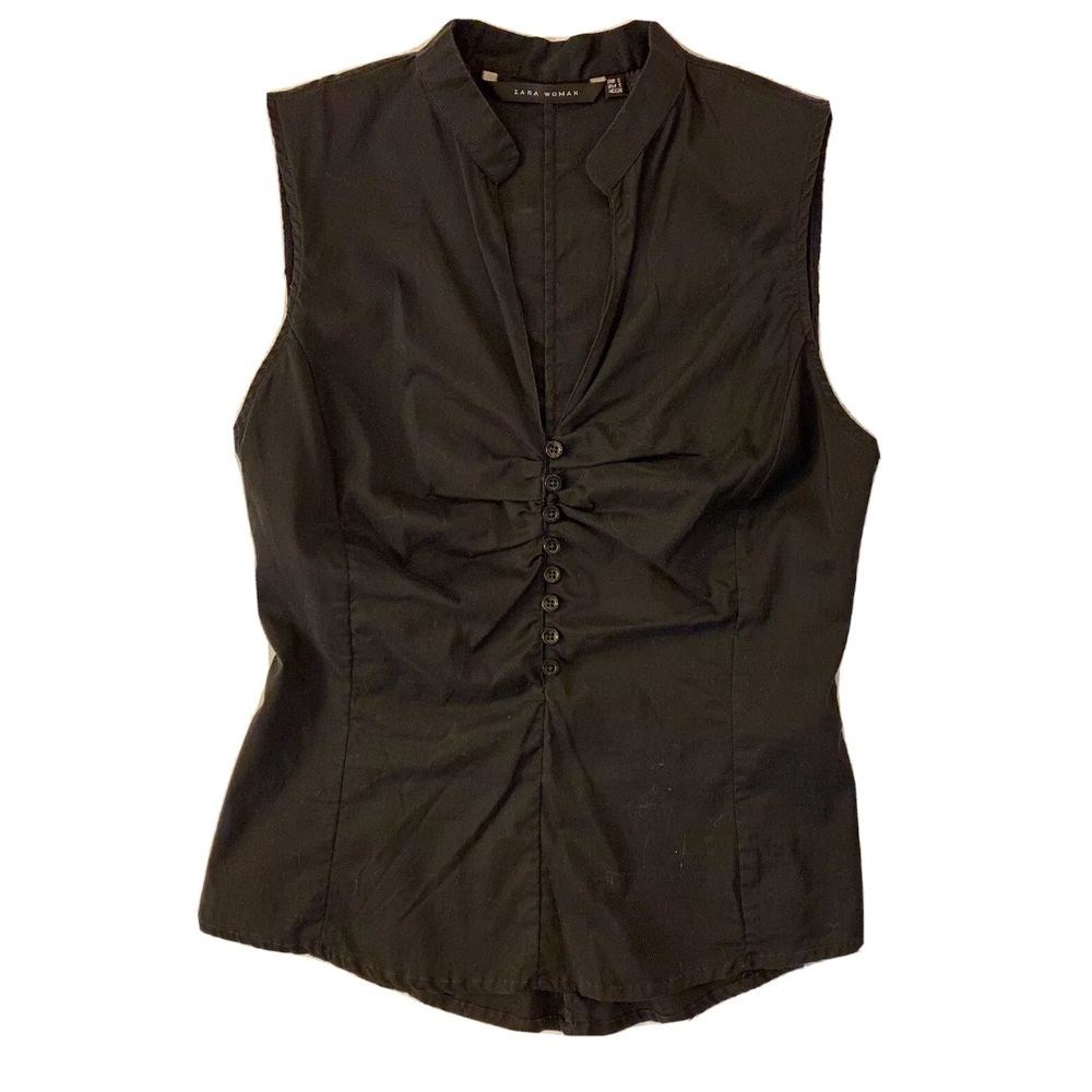 Zara Black Sleeveless Button Front Blouse Pleated V Neck Top Small